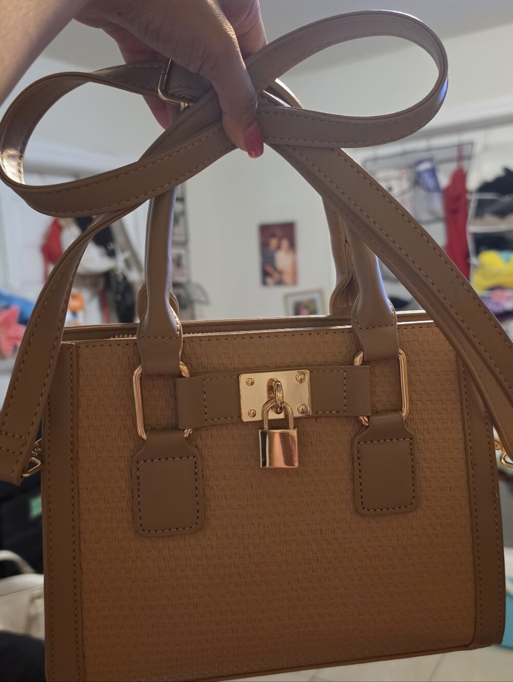 Beige Structured Lock-Accent Satchel Bag for Women
